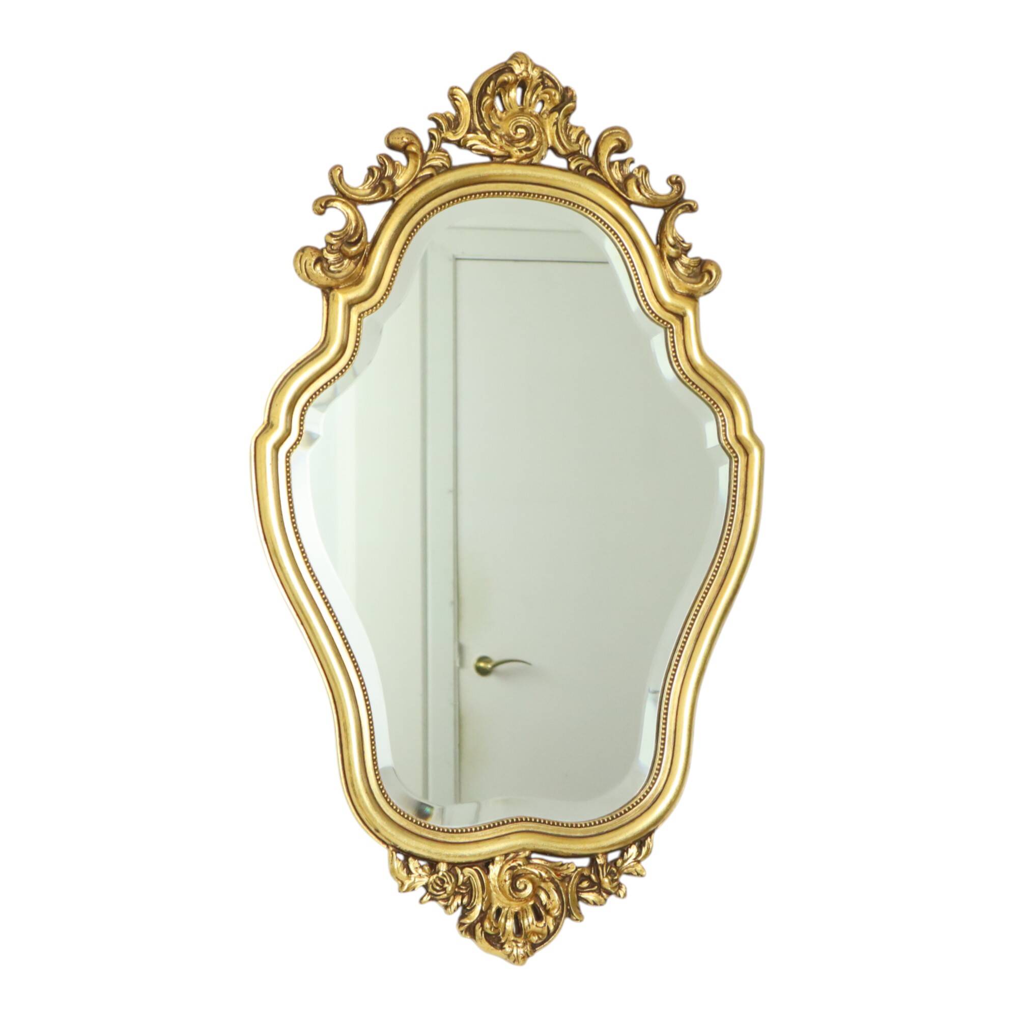 French Gold Leaf Gilded Crested Mirror Baroque Style Facet 84cm