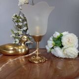 Bronze table lamp and opalescent petal globe