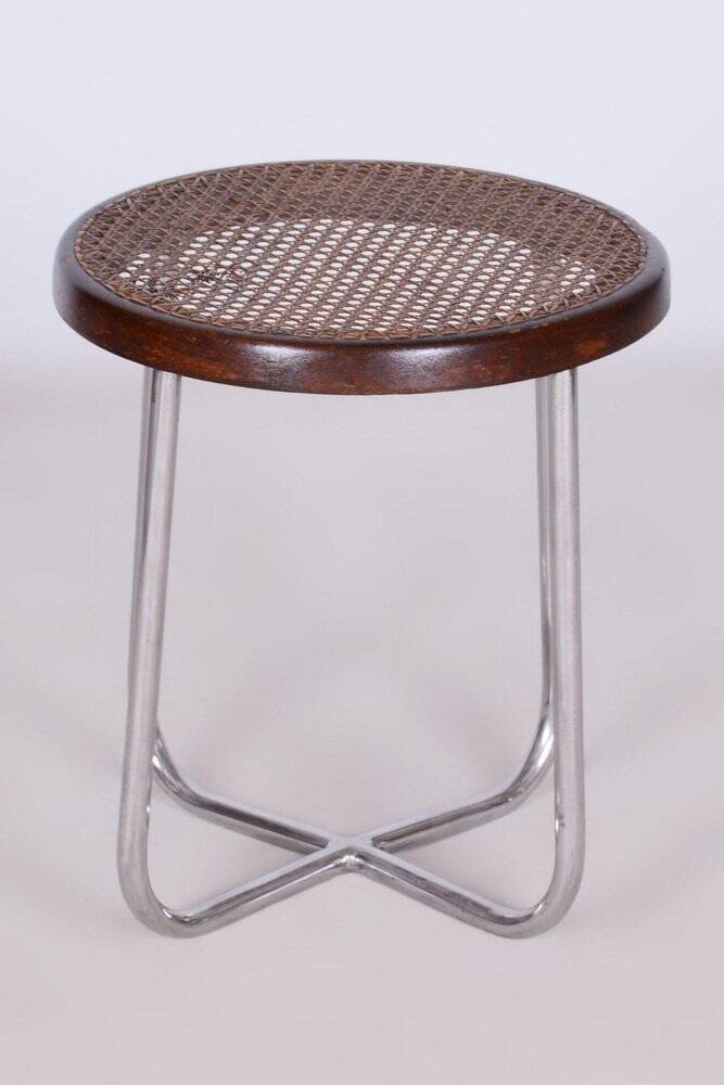 Bauhaus Stool in Chrome & Rattan attributed to Robert Slezák, Czech, 1930s