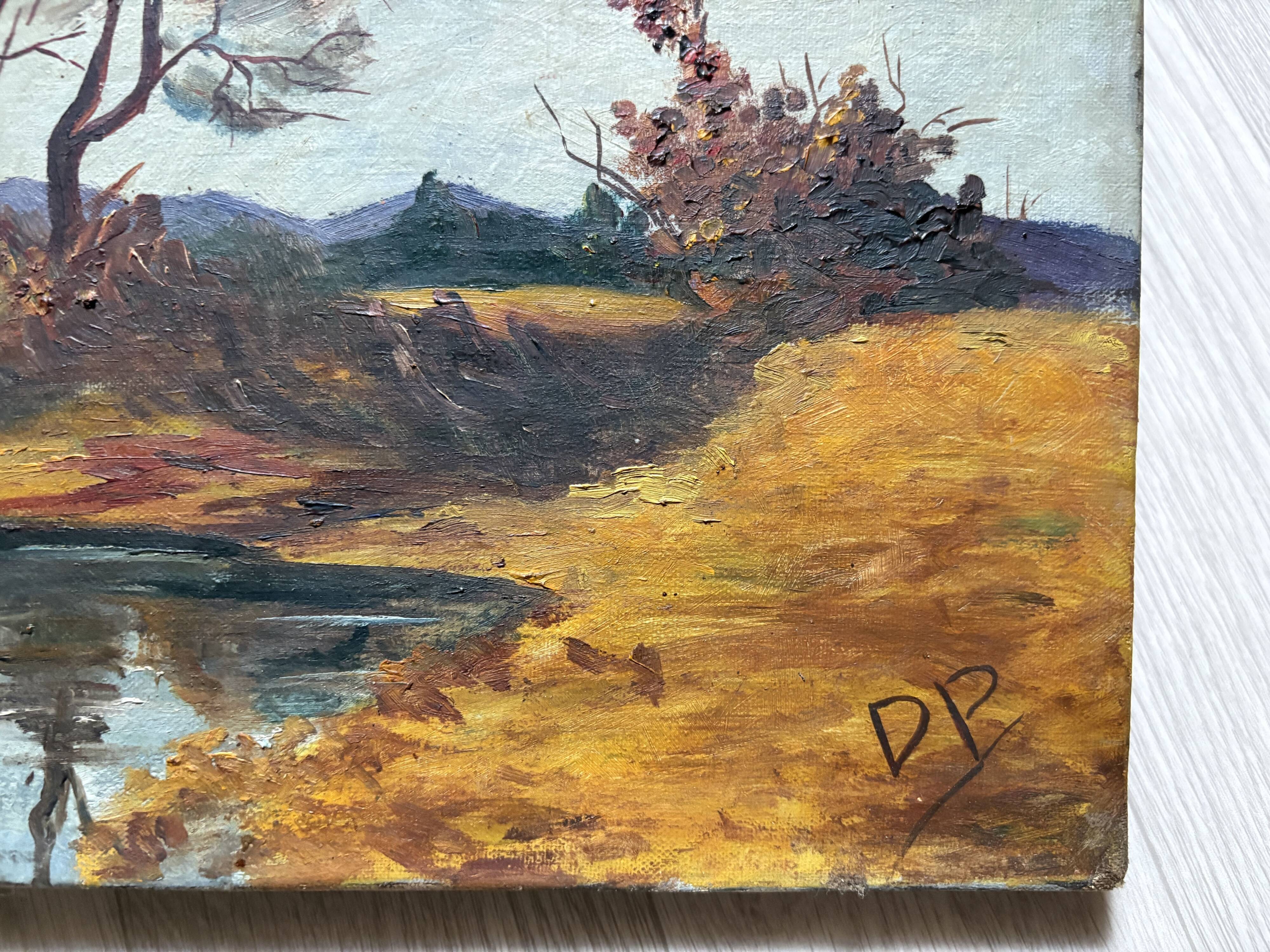 Vintage autumn landscape signed – River and trees – Oil on canvas