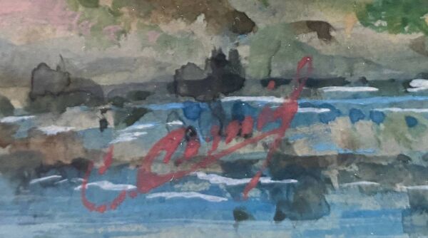 Tableau magnifique Gouache XIX° ''Maison romaine au bord de l'eau'' Italie ? signé