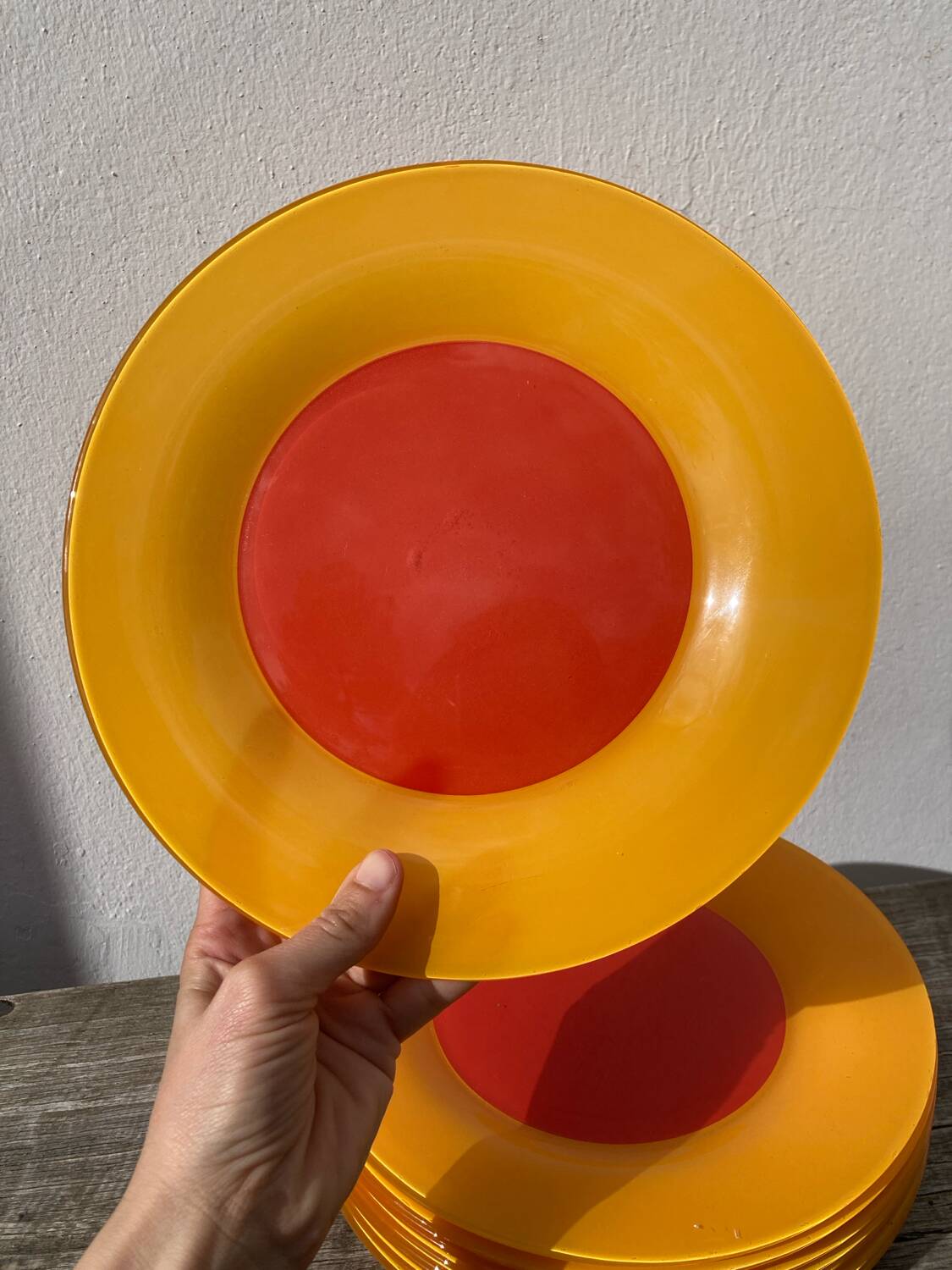 10 yellow and orange glass dinner plates