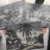 Suite of 3 paintings on an Asian theme in black and white signed
