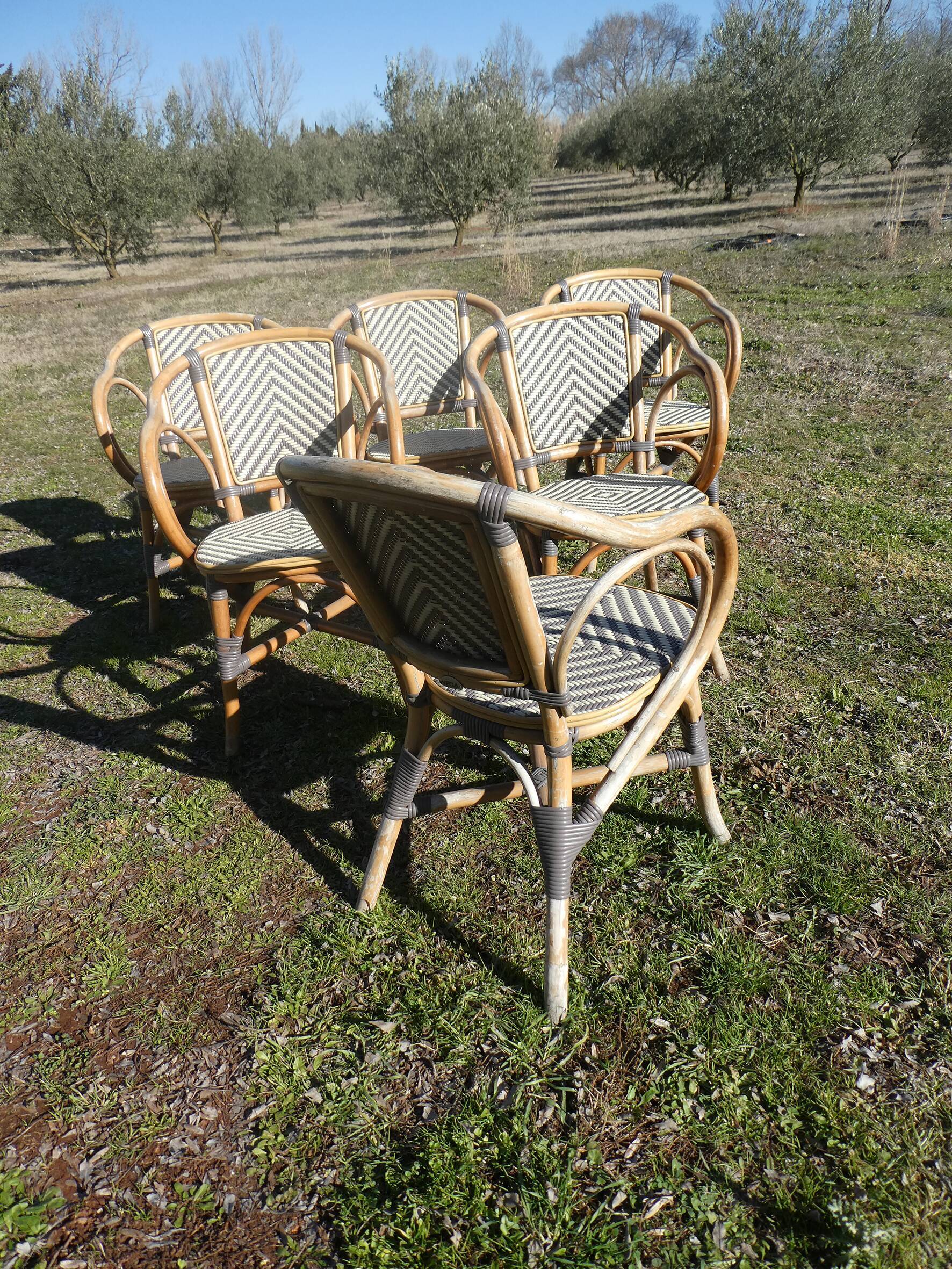 Lot de 6 fauteuils bistrot de terrasse en rotin type "parisienne"