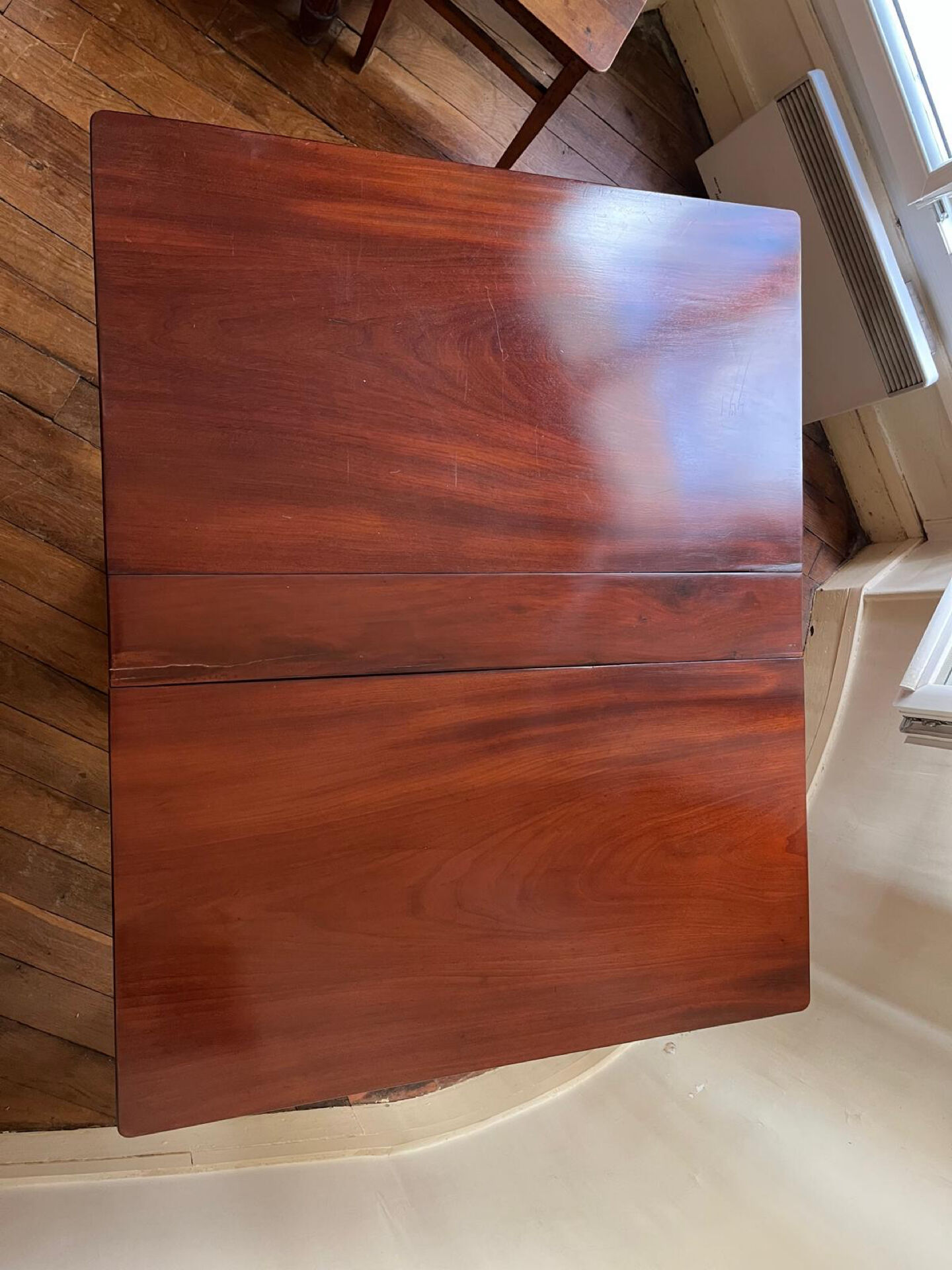 Drop-leaf table in solid mahogany — Restoration style, double column c