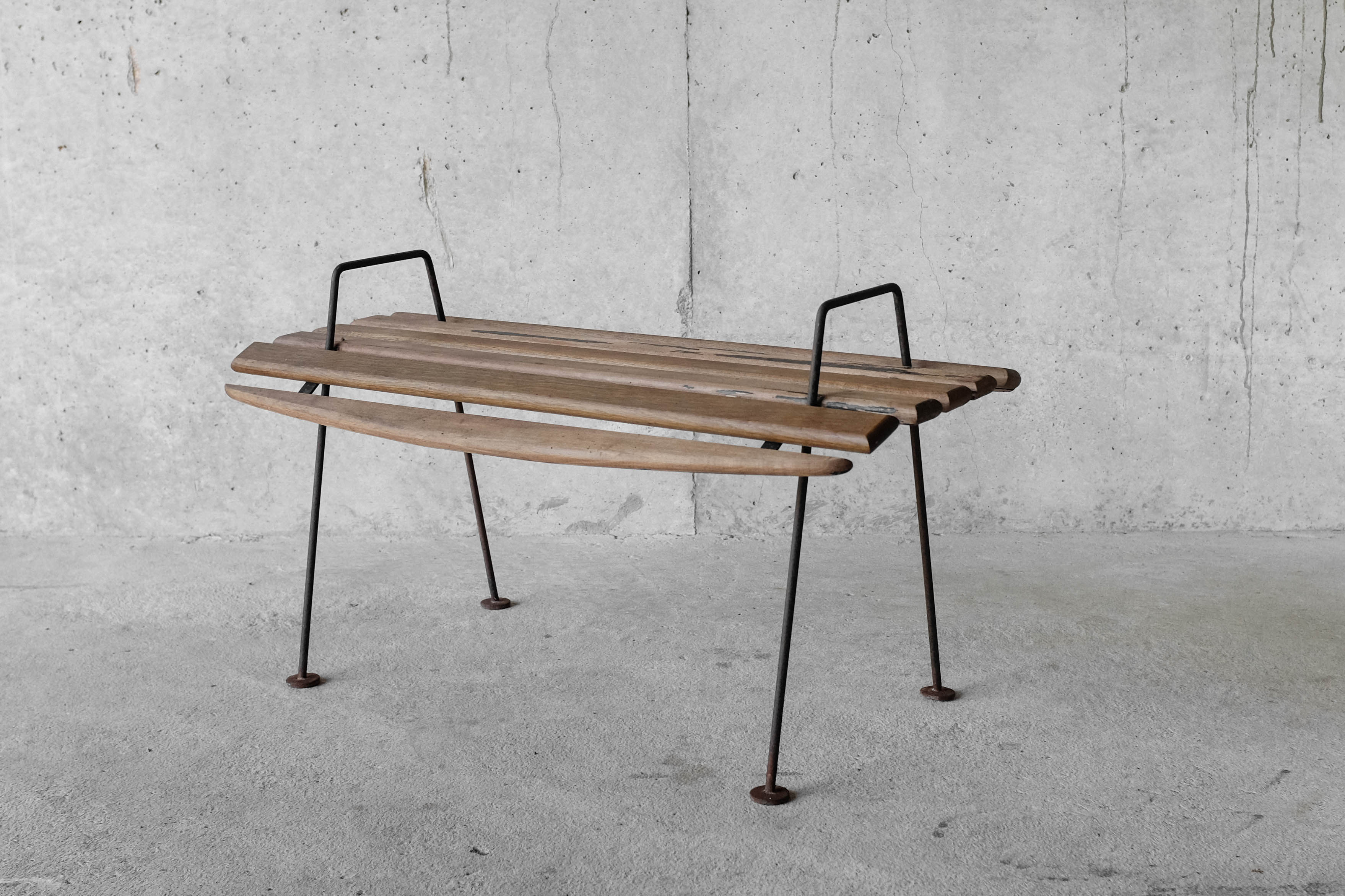 Stool with minimalist wood and metal slats