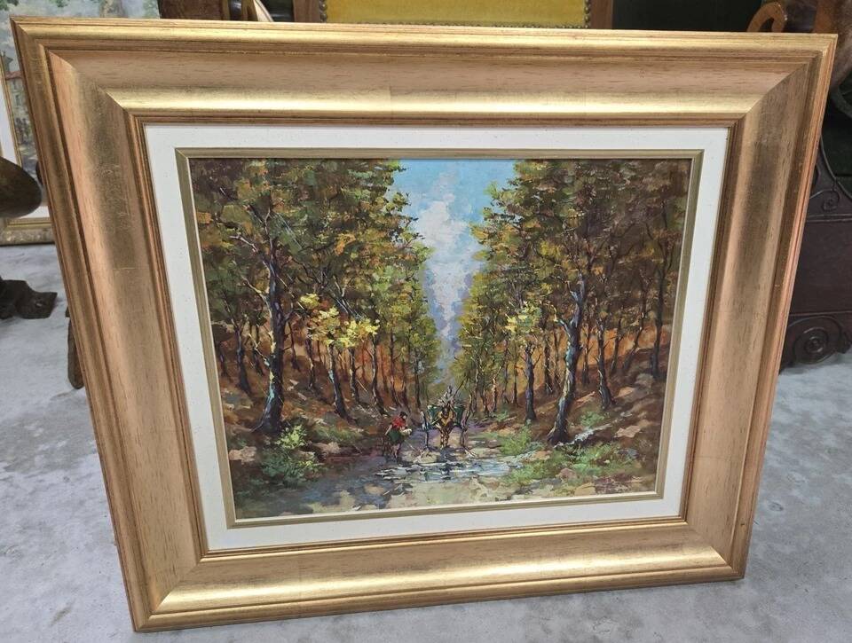 B Franco: Oil on panel depicting a lively forest landscape.