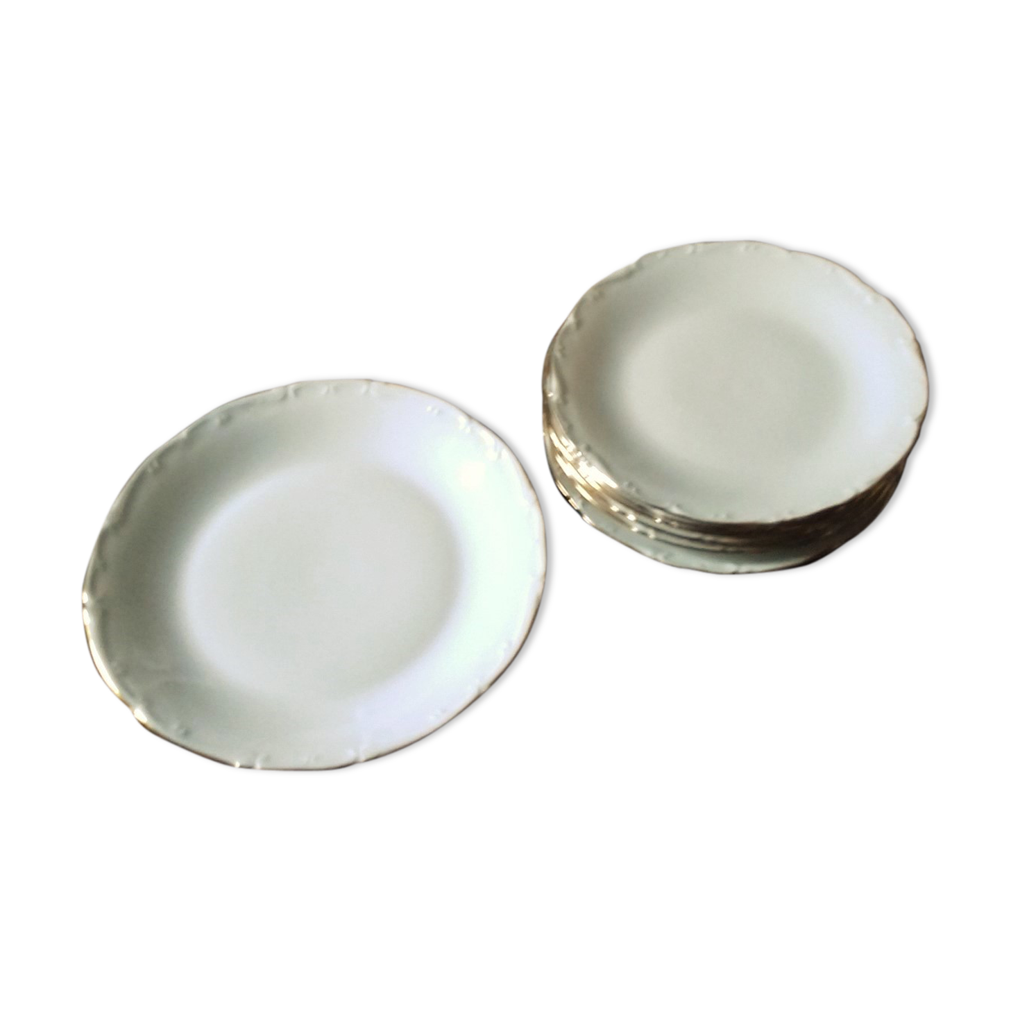 Lot 6 assiettes creuses avec plat rond porcelaine blanche dorure Sologne Lamotte
