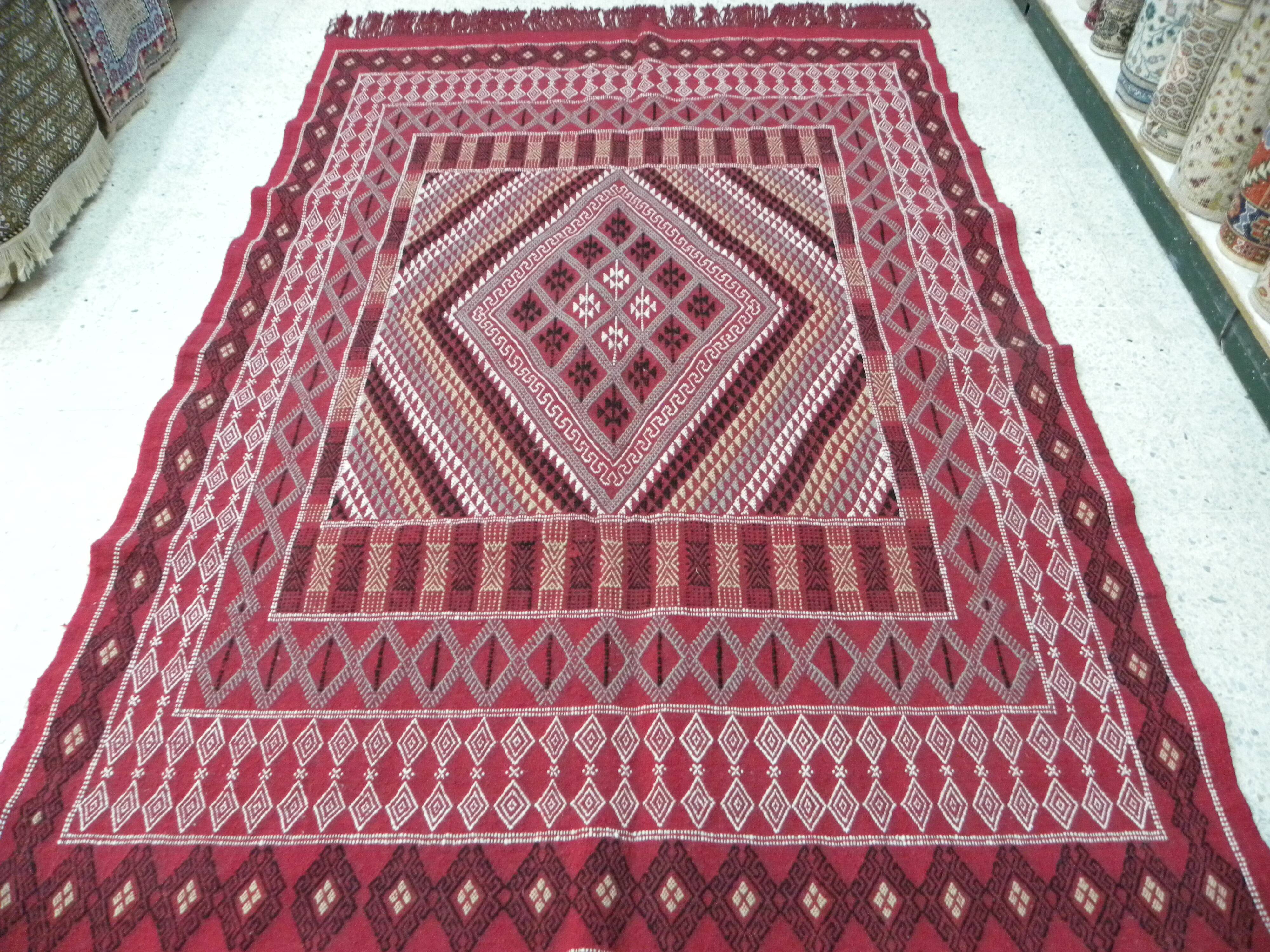 Hand-knotted Red Tunisian Ethnic Berber Wool Rug Margoum