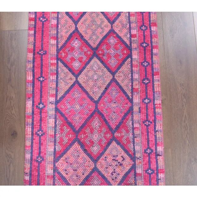 Vintage Turkish Oushak Handmade Cotton Purple Wool Runner Rug 74x345