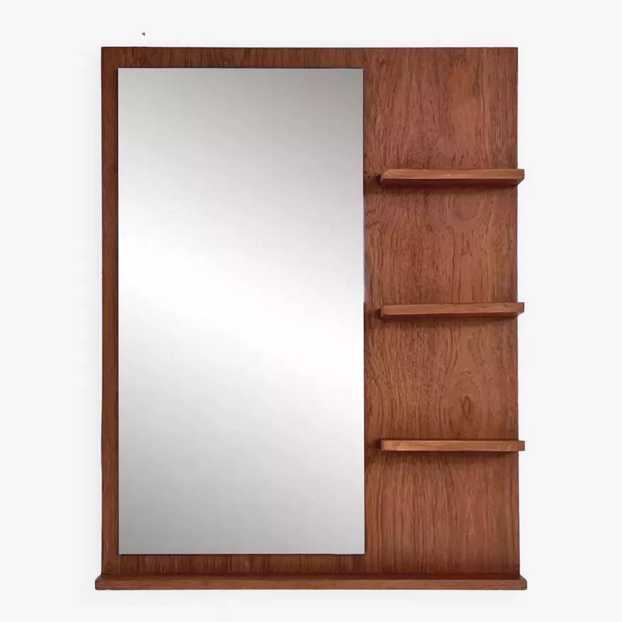 Scandinavian wooden mirror with integrated shelves