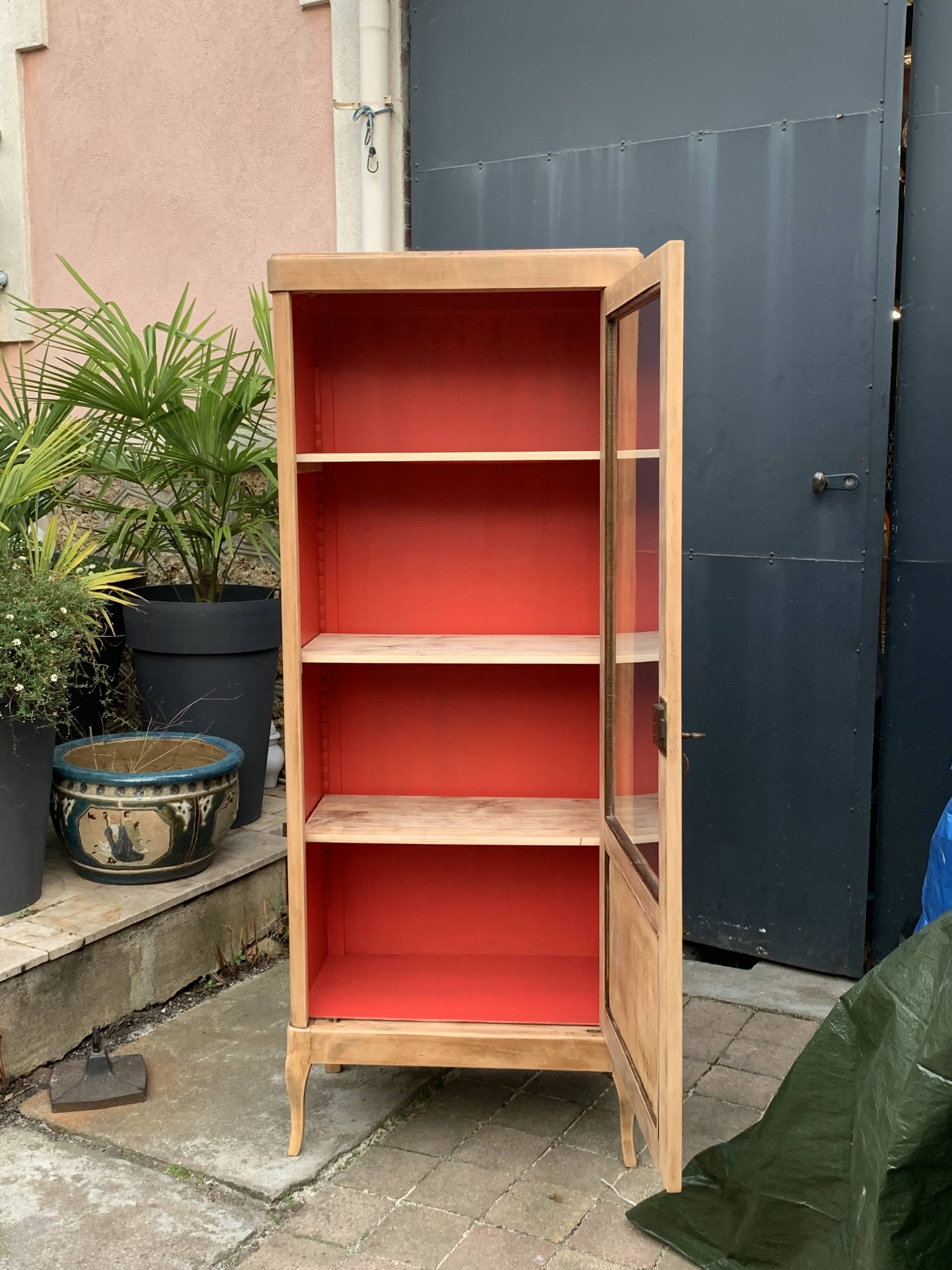Vintage glass-fronted cabinet, raw wood, 1950s