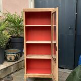 Vintage glass-fronted cabinet, raw wood, 1950s