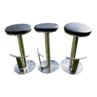 Stainless steel and black leather bar stools
