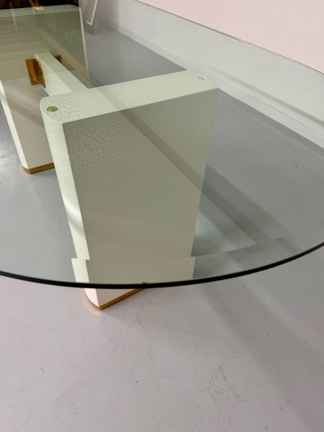 Thonet designer glass dining table with crackled lacquer finish, 1980s vintage