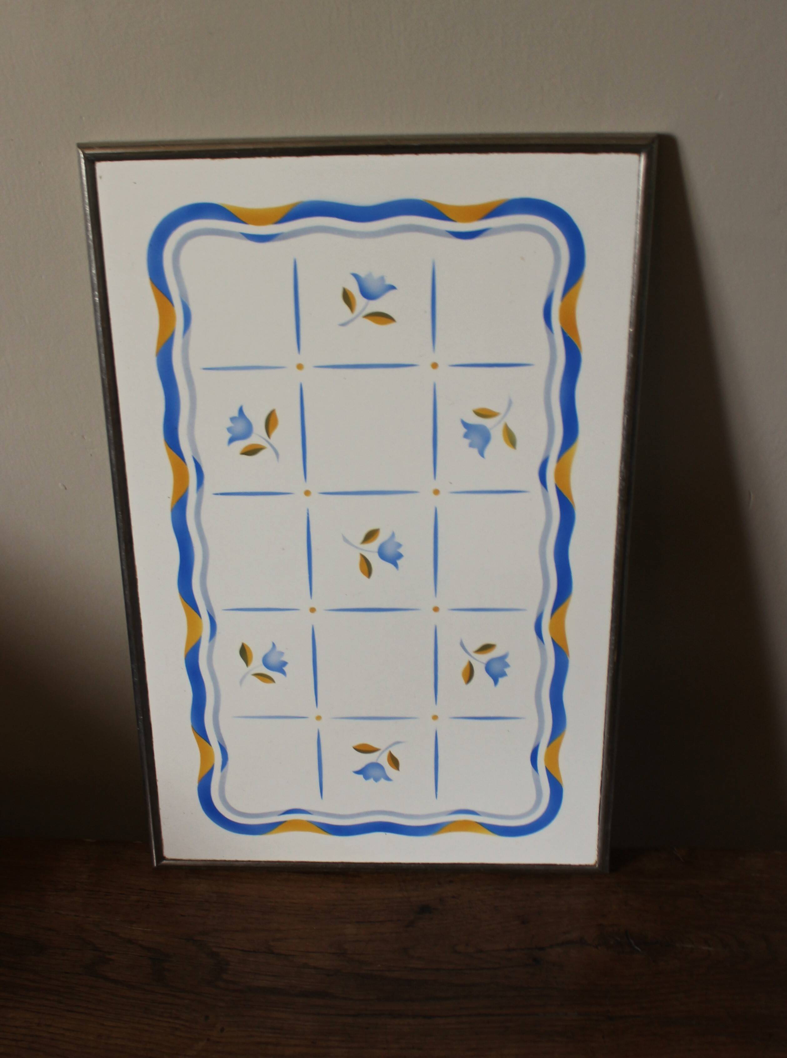 Art Deco yellow and blue tulip metal earthenware tray