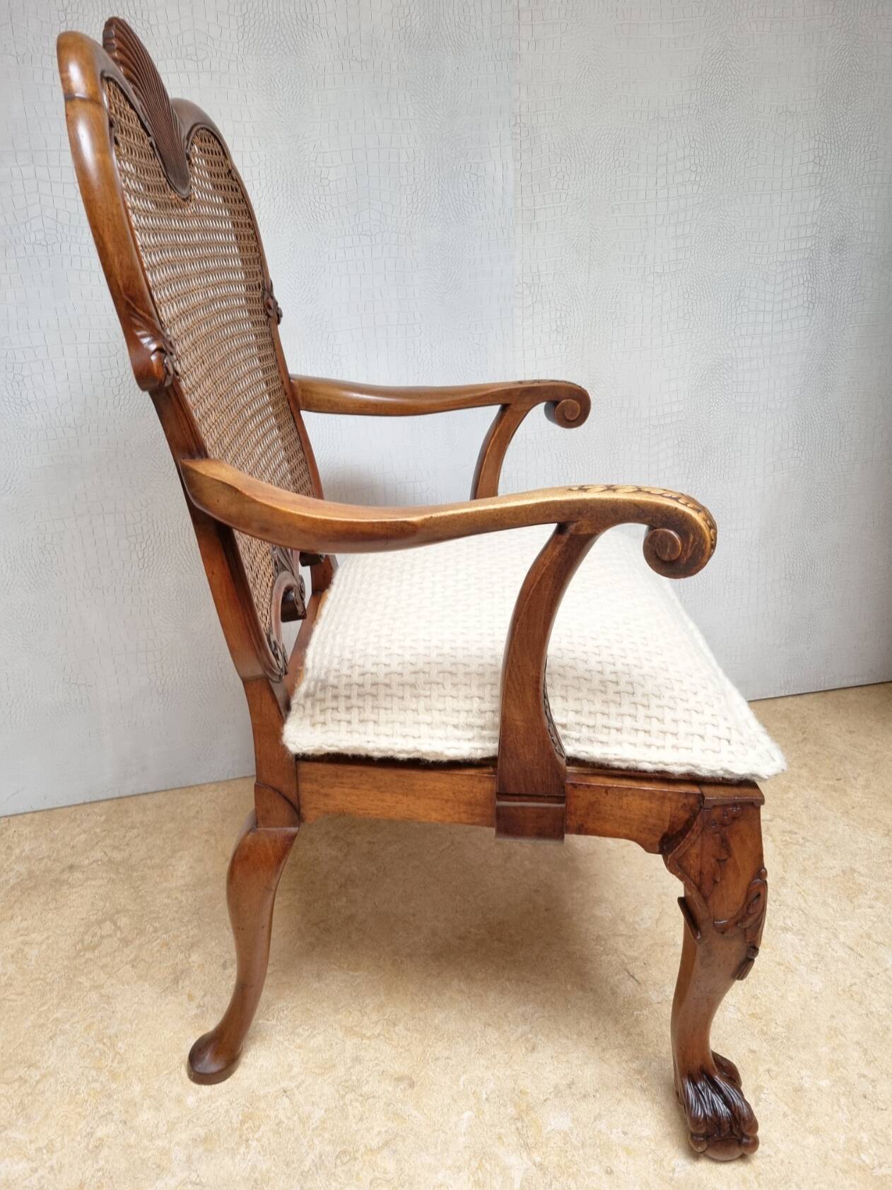 Chippendale Bergere Armchair, Carved Mahogany with Cane and Lion Claw Ball