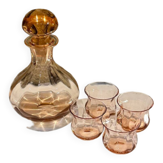 Service à liqueur en verre rose Vintage