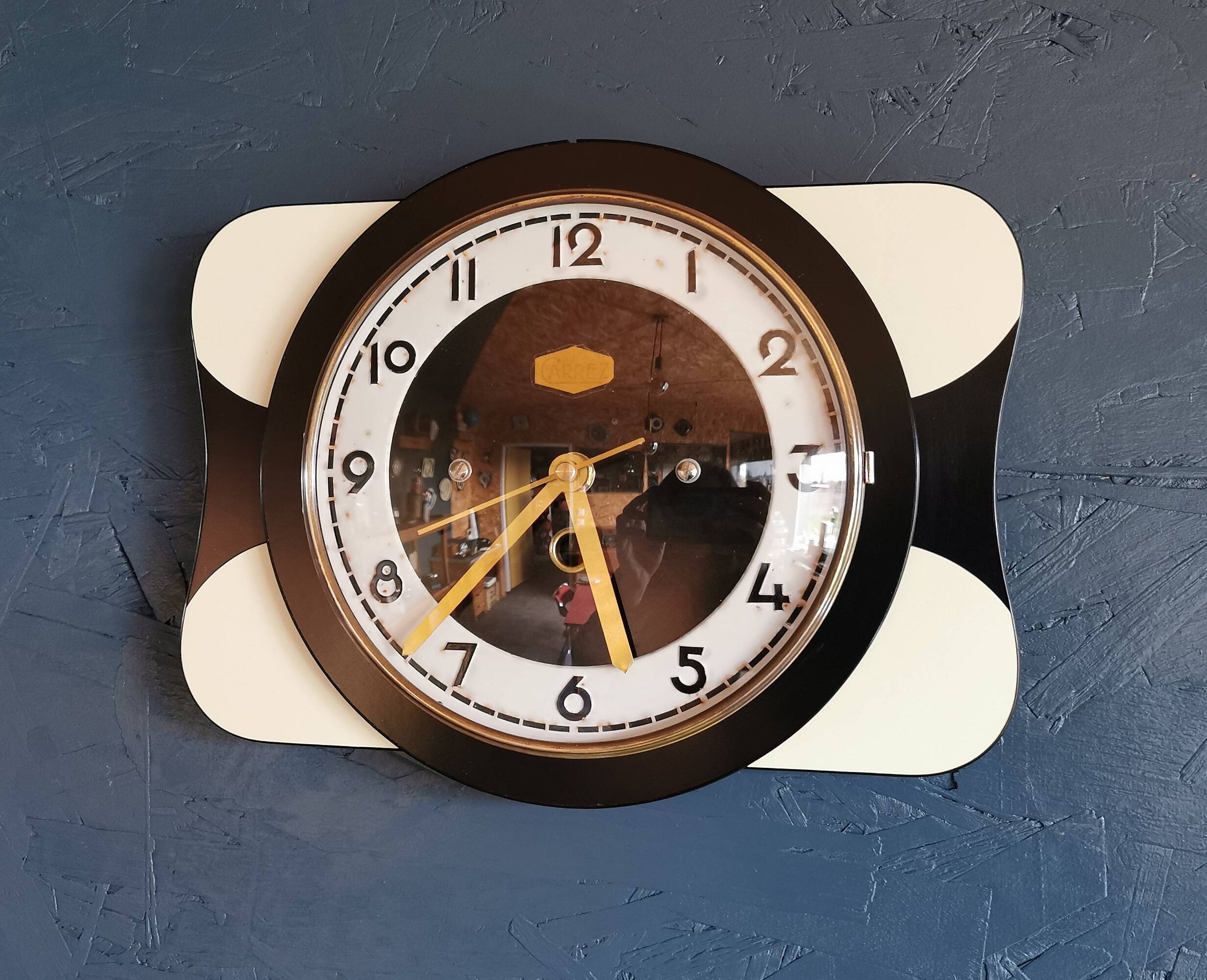Vintage formica clock rectangular silent wall pendulum "Carrez black white"