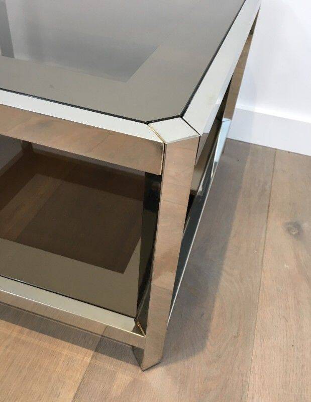 Pair of octagonal chrome side tables with tinted glass tops