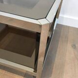 Pair of octagonal chrome side tables with tinted glass tops