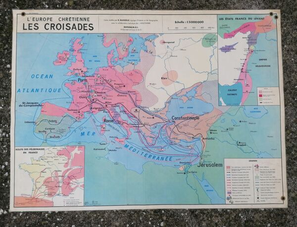 Ancienne carte MDI d'histoire : Les croisades-Les centres culturels en France