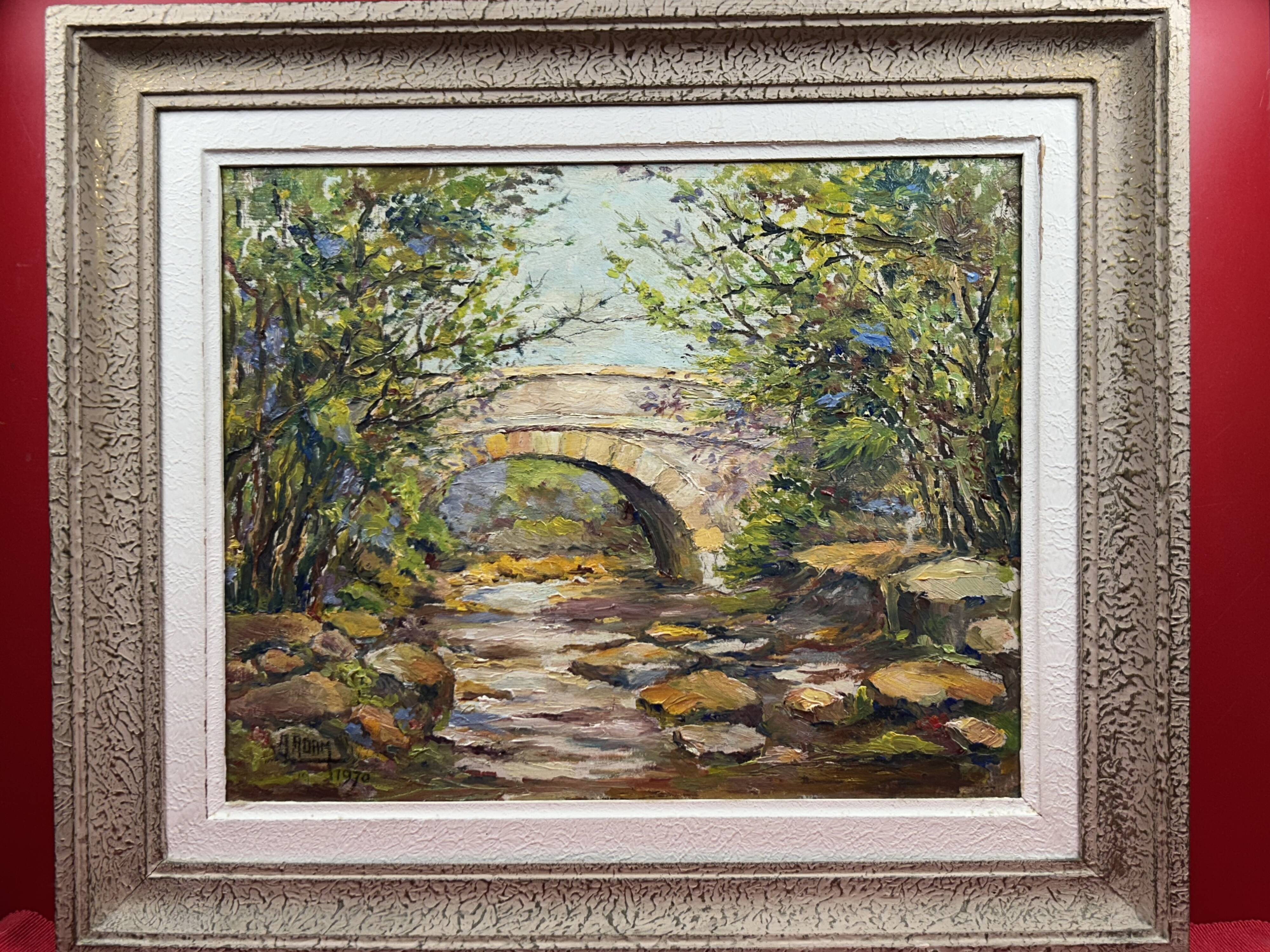 Oil on panel stone bridge river ST Tropez, st Maxime? signed A. Ada