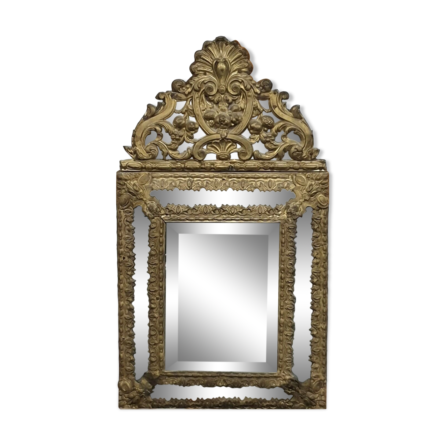 Old bevel mirror with metal parcloses pushed back Louis XIV style
