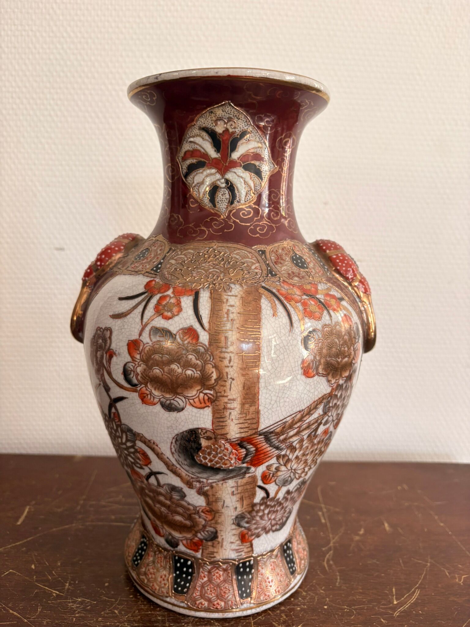 Satsuma Vase Japan Ceramic Bird Peony Meiji 30cm