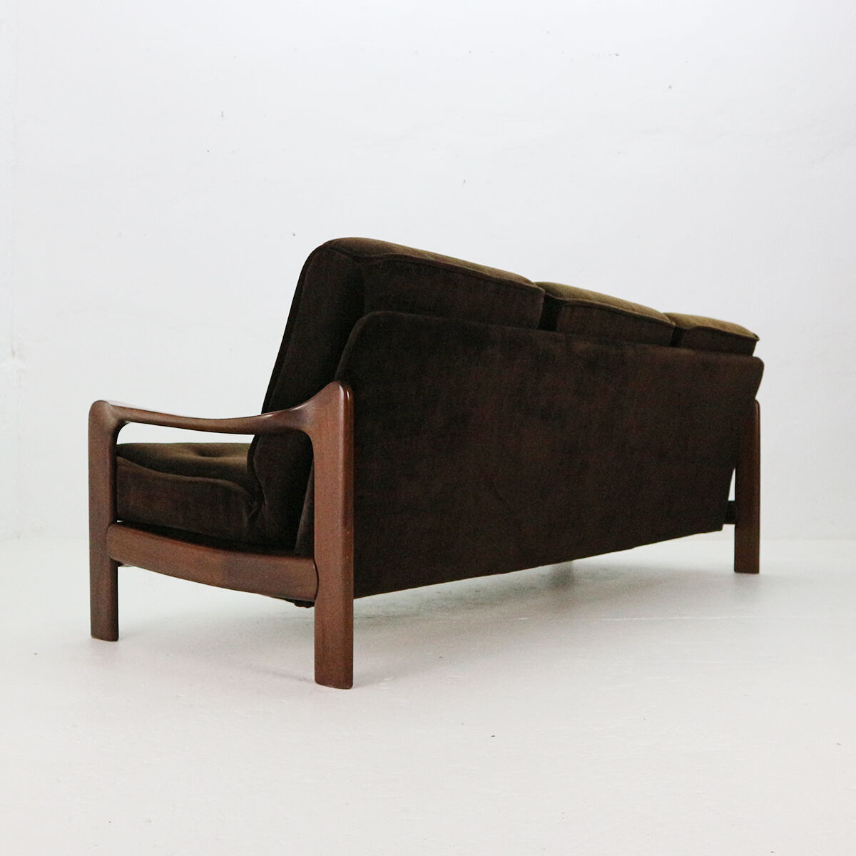 '70s teak sofa with brown velvet covers