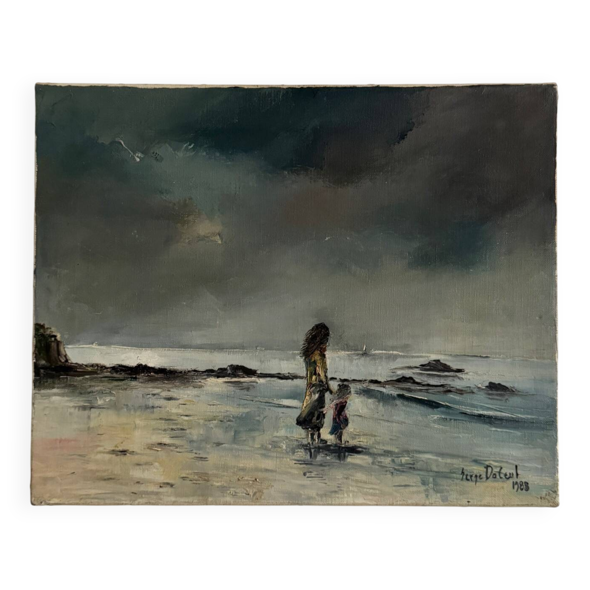 Oil on canvas surreal landscape by Serge Doceul 1988 Complicity