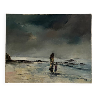 Oil on canvas surreal landscape by Serge Doceul 1988 Complicity