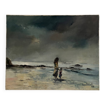 Oil on canvas surreal landscape by Serge Doceul 1988 Complicity