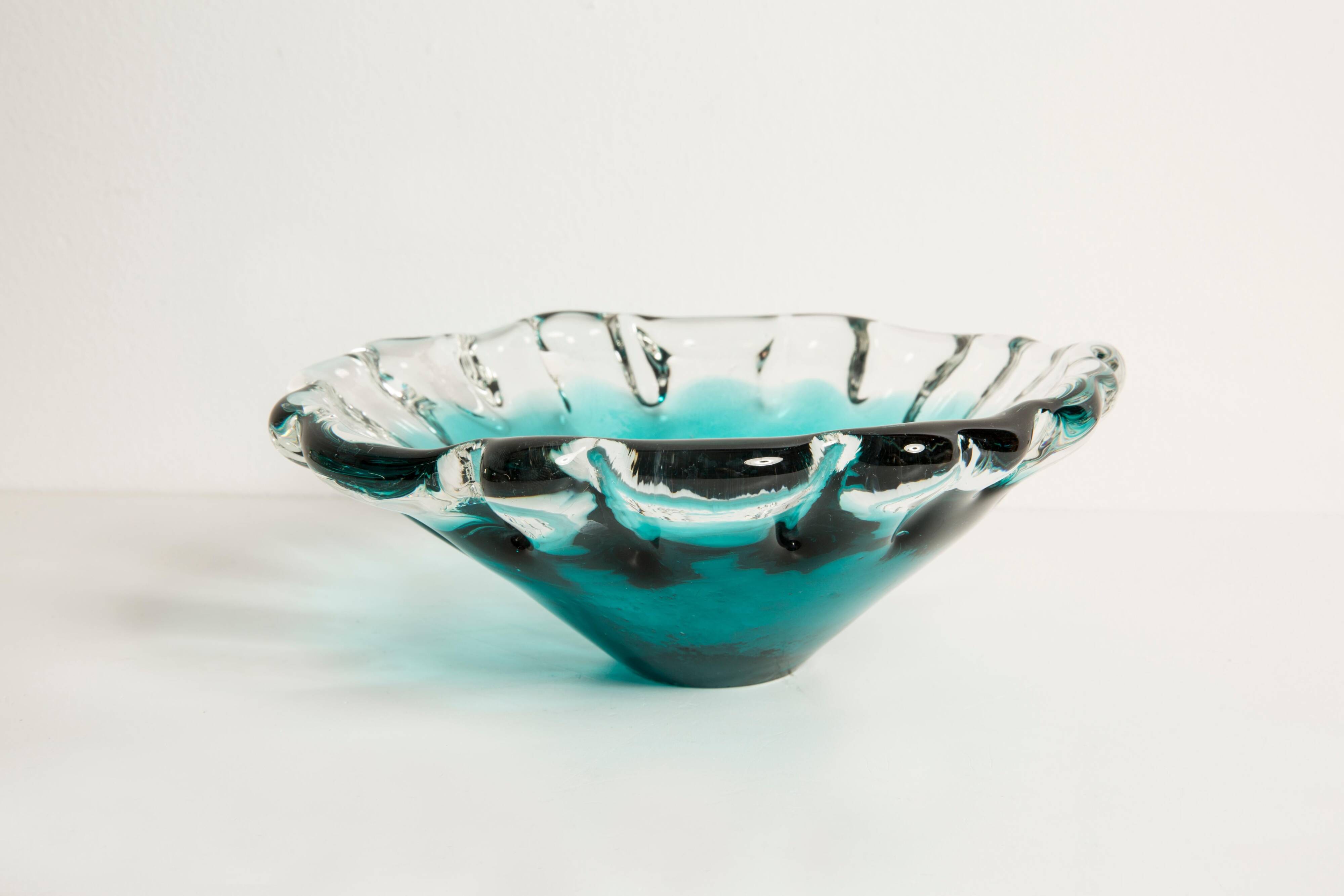 Blue aqua crystal glass bowl, mid-century, Italy, 1970s.