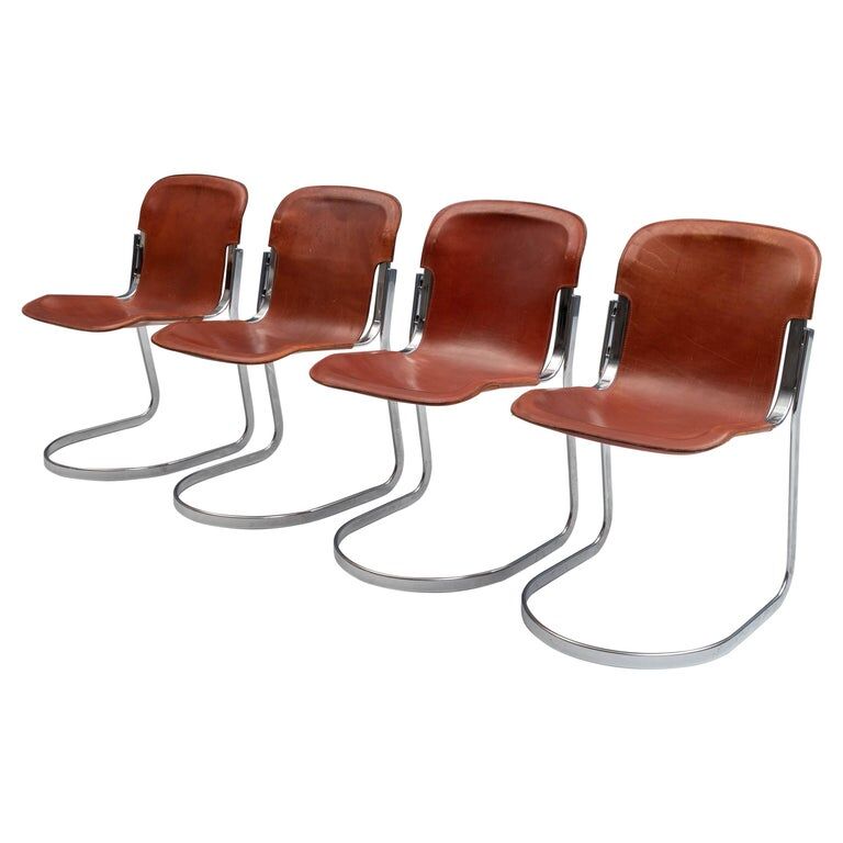 Set of 4 dining chairs in chrome and leather for Cidue Italy 1970