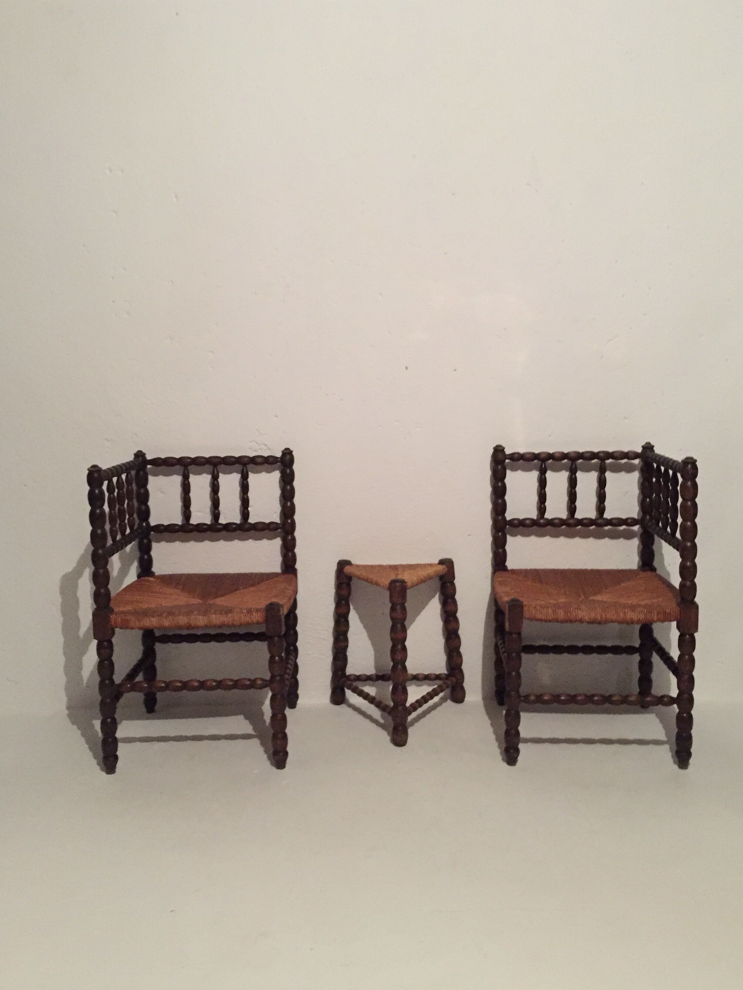 French armchair chairs and tripod stool