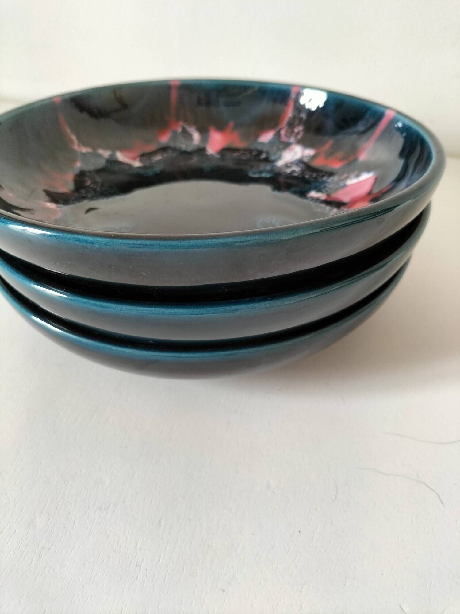 3 glazed ceramic deep plates – 1960s/70s