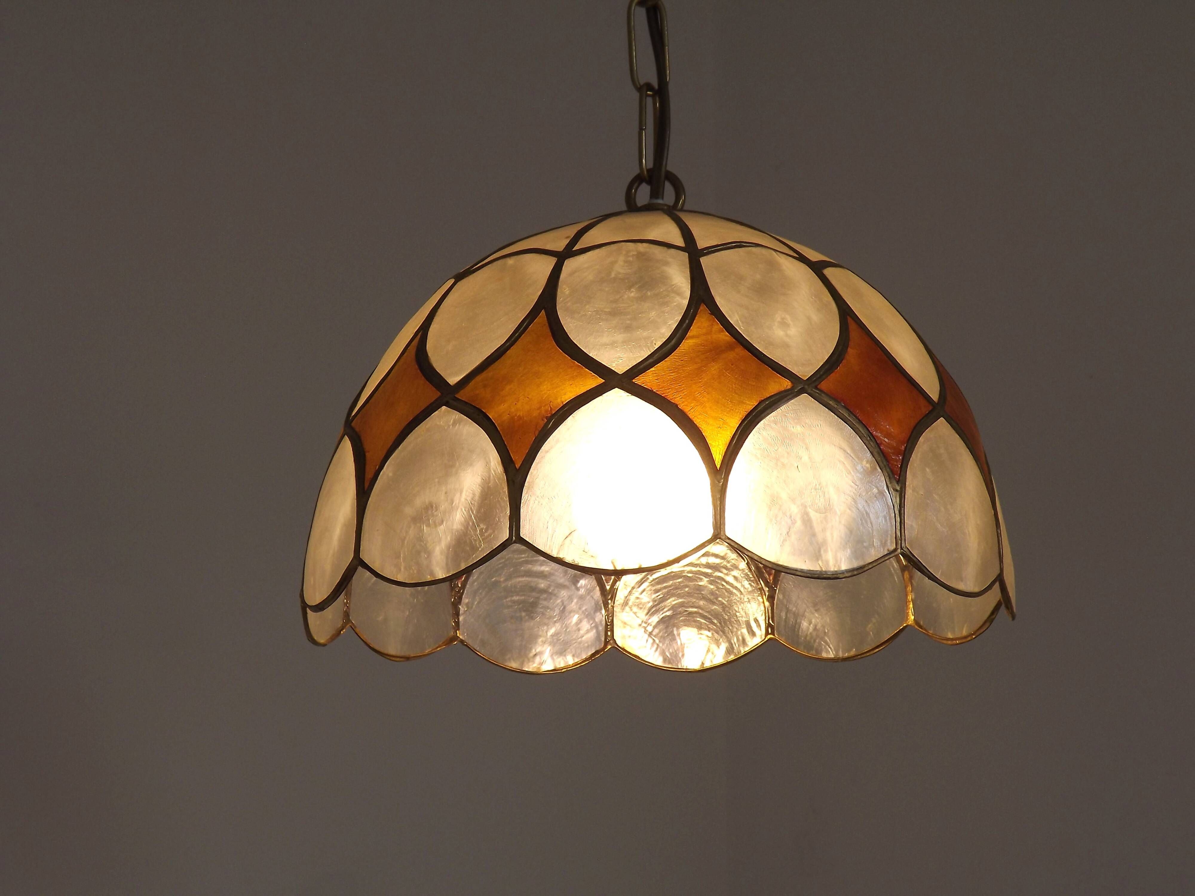 French Vintage Capiz Shell Hanging Pendant Light in Brown & White Gold Trim