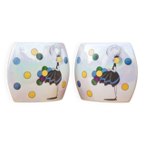 Pair of flat iridescent ceramic vase with girl motif with polychrome balloons, art deco vase, decoration
