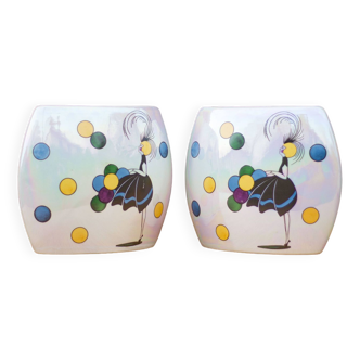 Pair of flat iridescent ceramic vase with girl motif with polychrome balloons, art deco vase, decoration