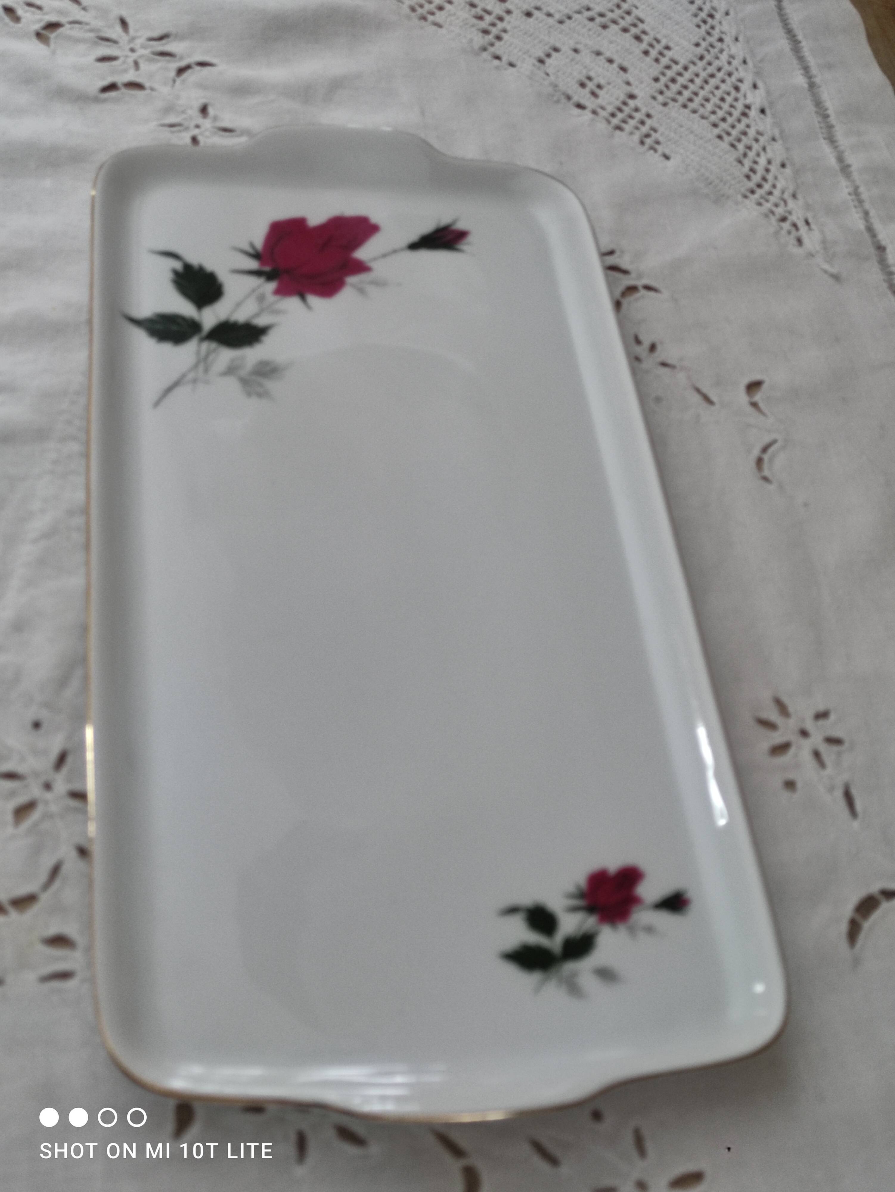 Porcelain ear cake dish Bavaria white décor roses fushia bordered gold