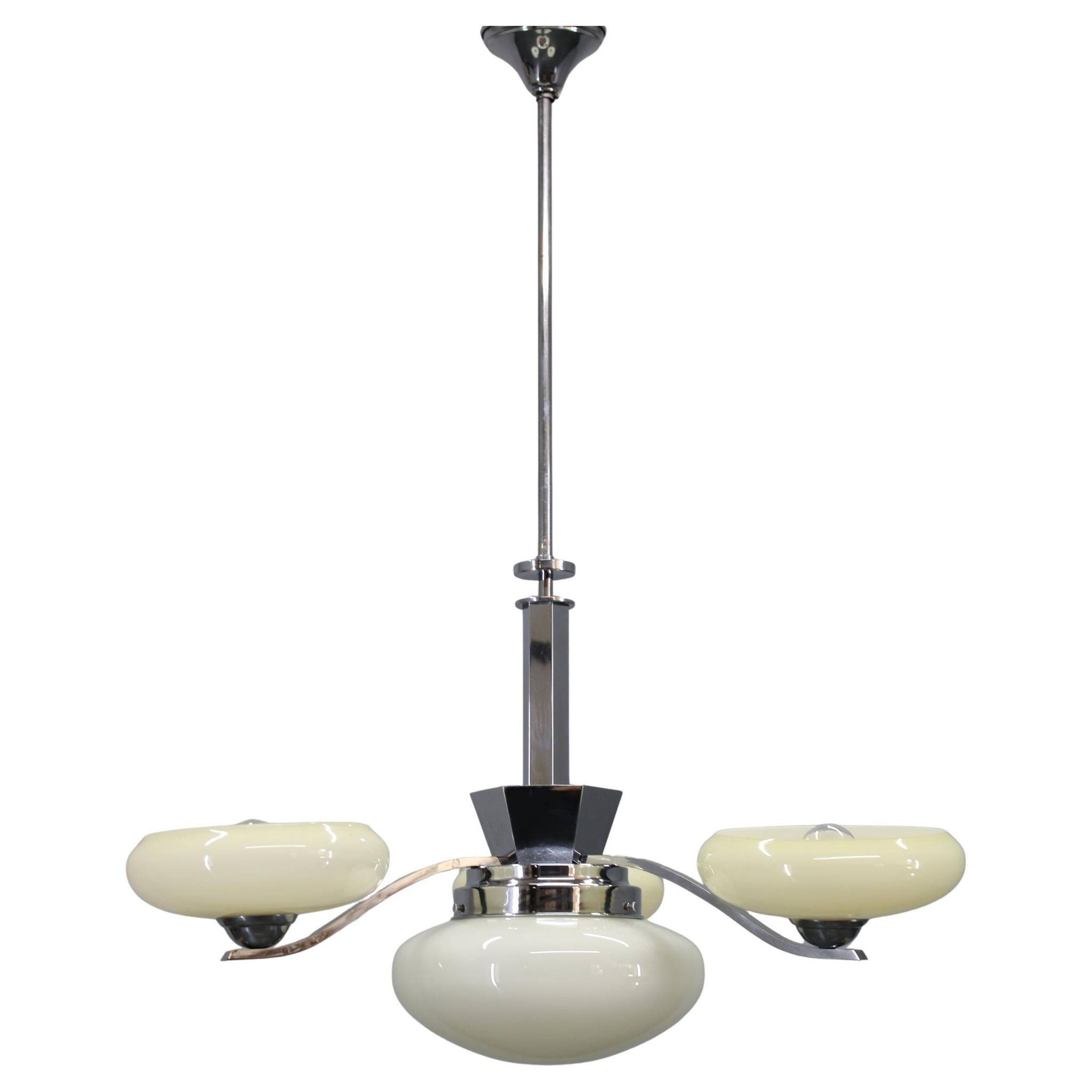 1930s Czech Art Deco chrome chandelier with cream opaline glass shades