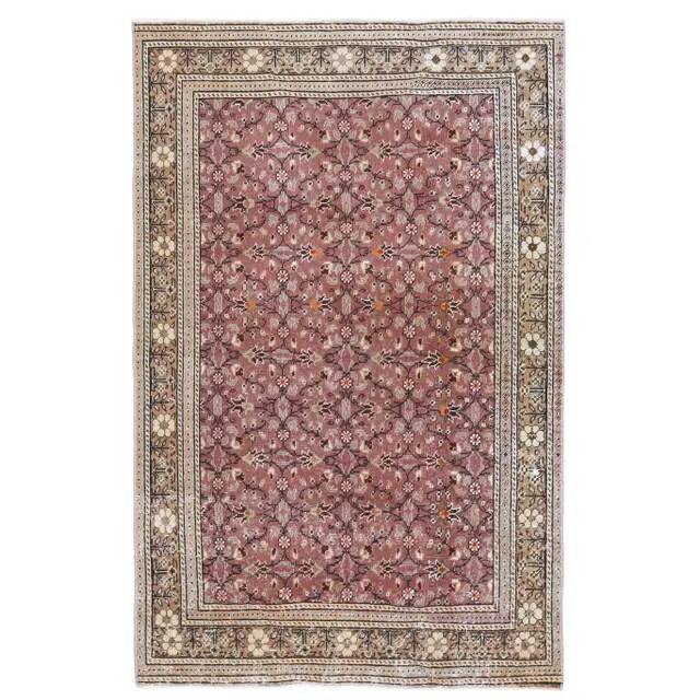 1970s Turkish Oushak Handmade Wool Cotton Pink Area Rug 112x175