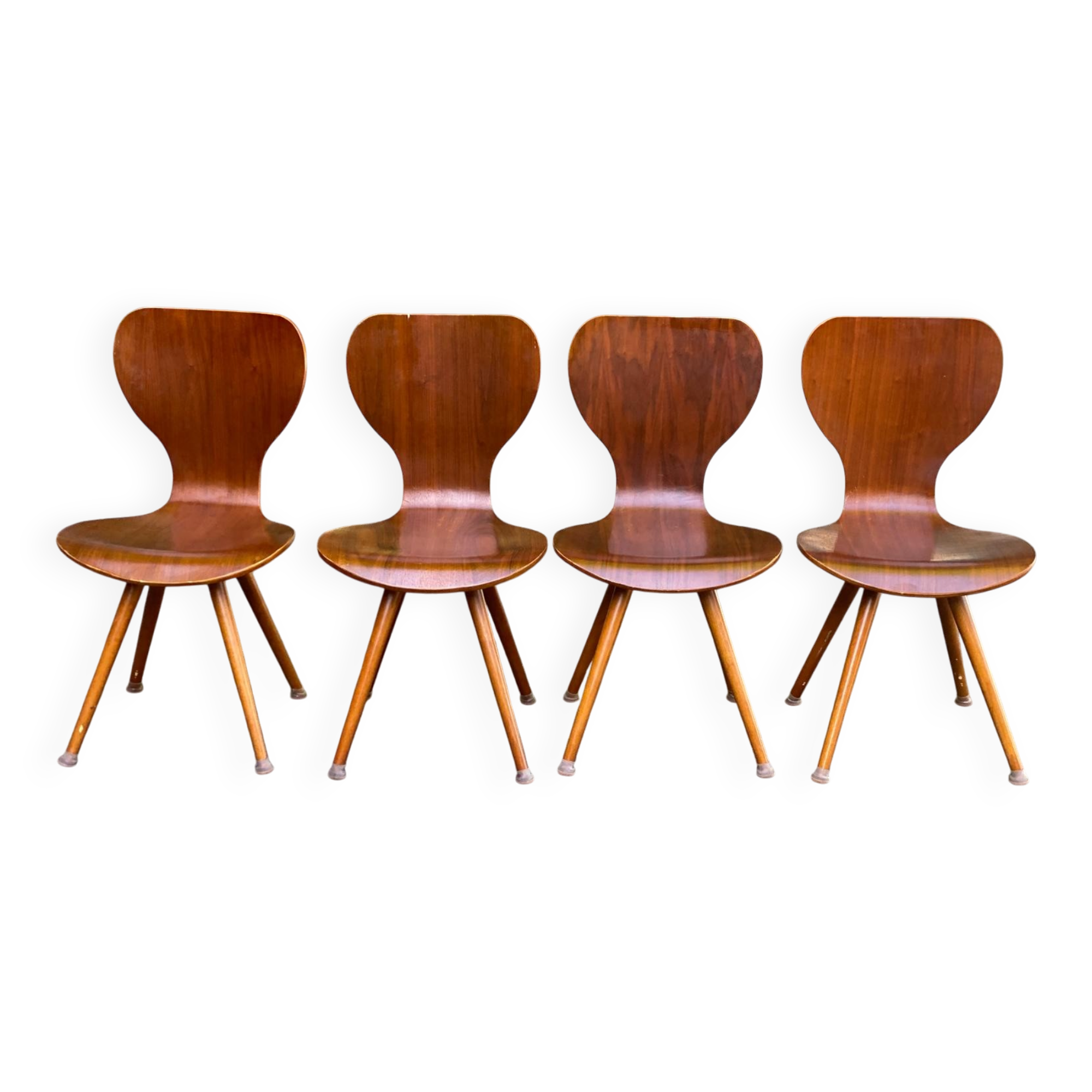 4 vintage Scandinavian dining chairs in curved walnut.
