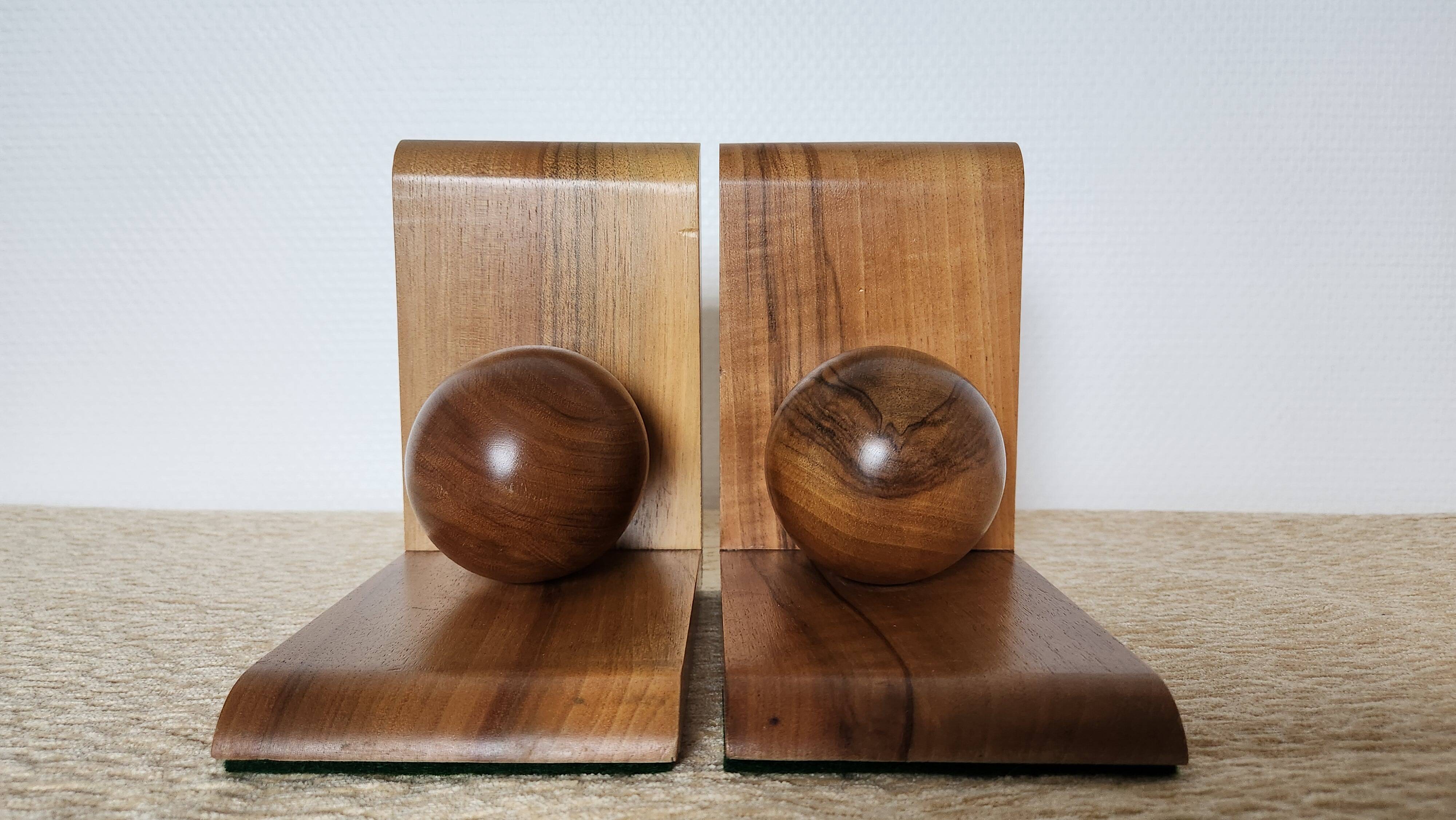 Pair of solid wood bookends with turned spheres – Minimalist design