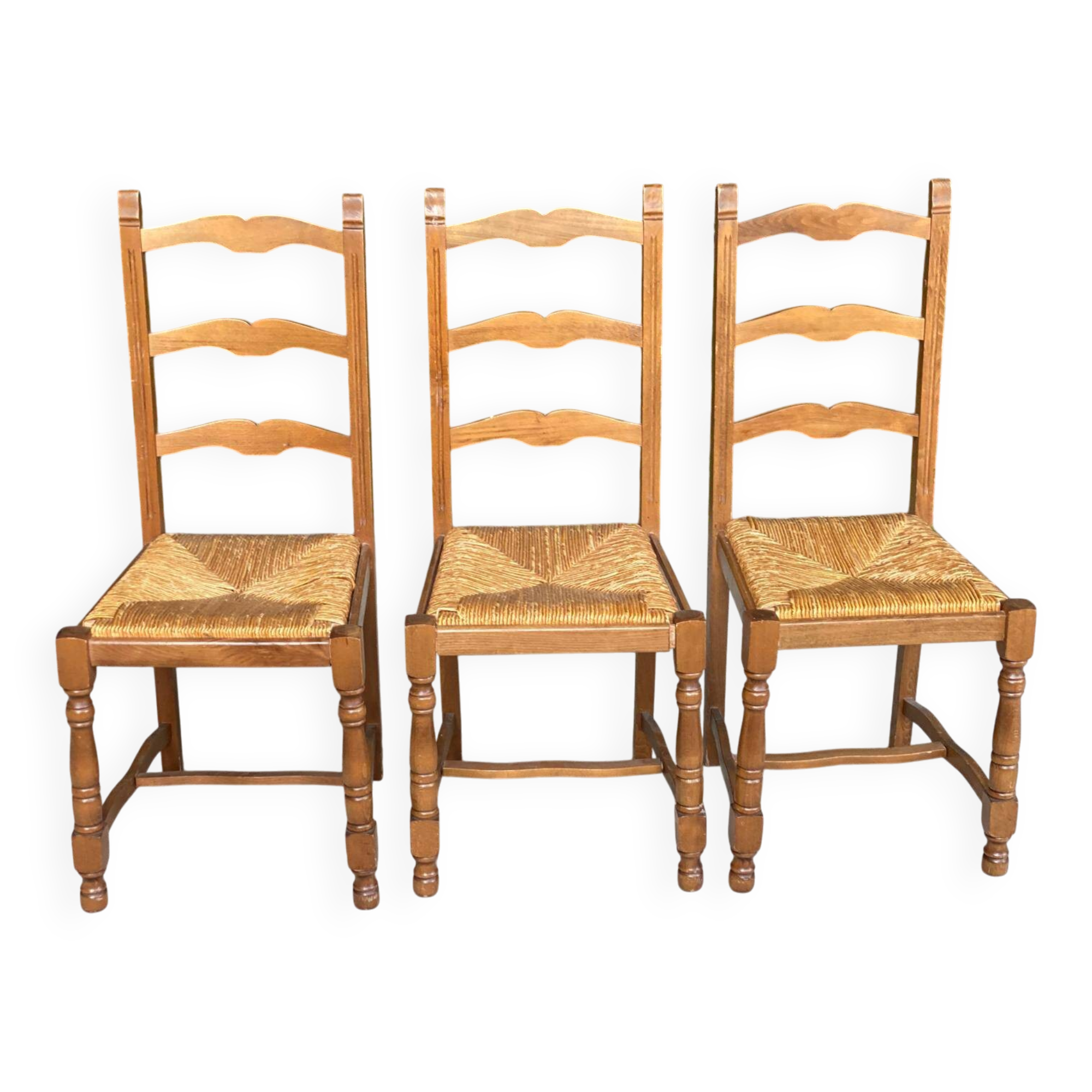 3 solid wood straw chairs, firm type, high back