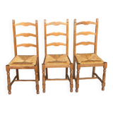 3 solid wood straw chairs, firm type, high back