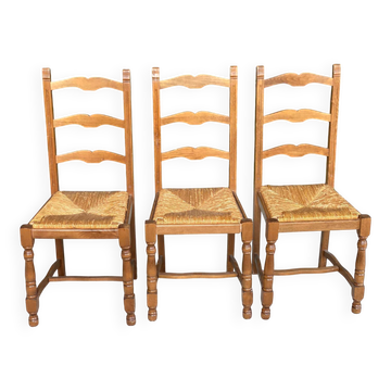 3 solid wood straw chairs, firm type, high back