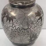 Vase ancien émaillé argent?- art nouveau - décor fourni chat, écureuil, oiseau