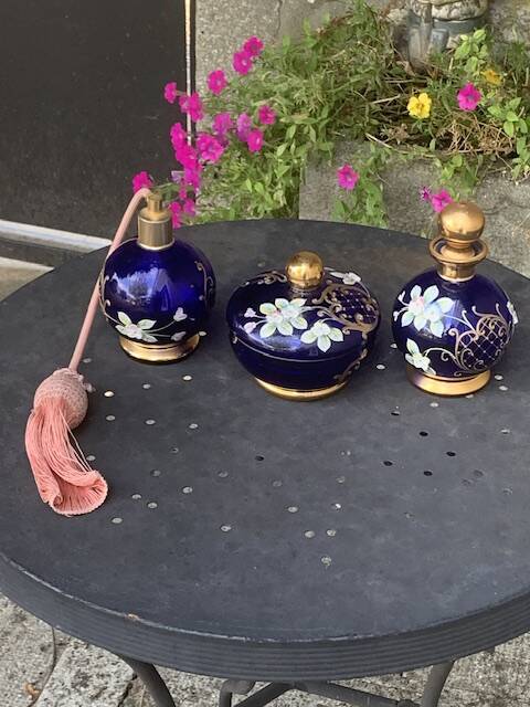Perfume bottles, in hand-painted blue Bohemian crystal, antique.